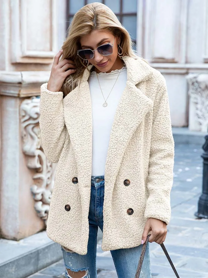 Halira | Damen Stylische Teddy Plüsch Luxus Fleece Mantel mit Taschen
