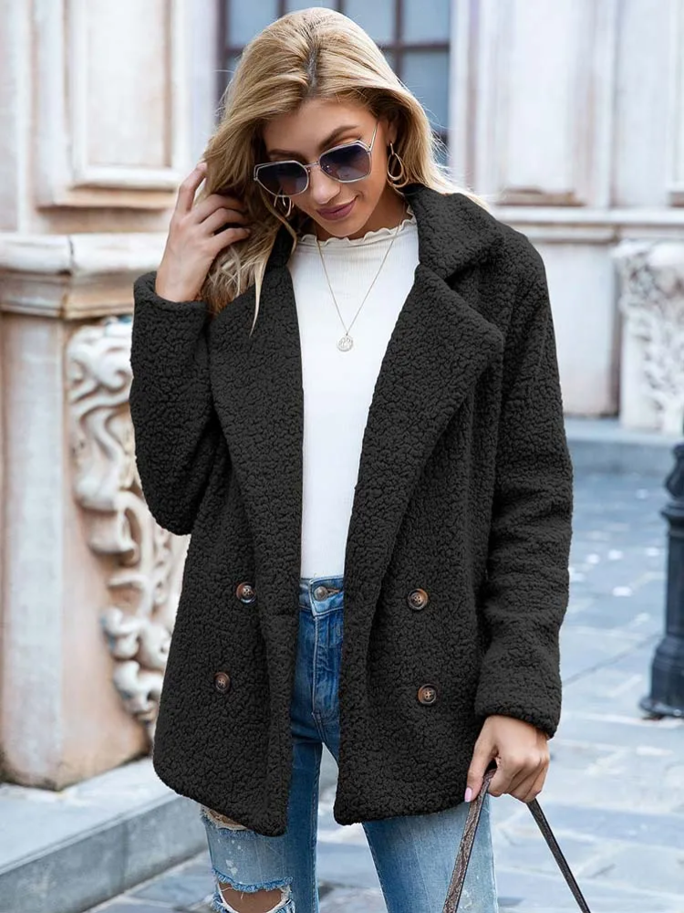 Halira | Damen Stylische Teddy Plüsch Luxus Fleece Mantel mit Taschen