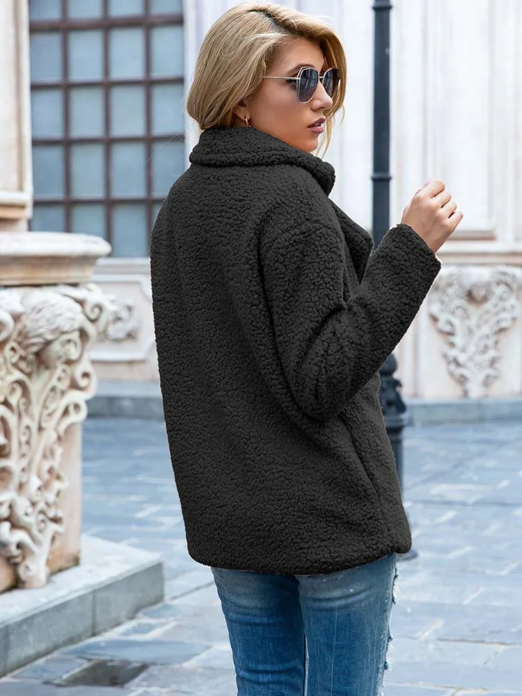 Halira | Damen Stylische Teddy Plüsch Luxus Fleece Mantel mit Taschen