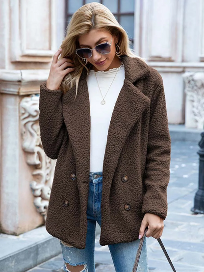 Halira | Damen Stylische Teddy Plüsch Luxus Fleece Mantel mit Taschen