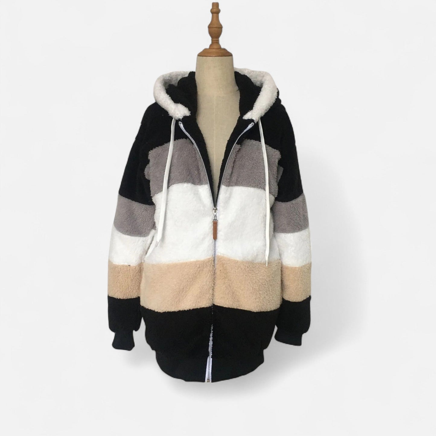 Erika | Damen Oversized Jacke mit Kapuze – Gestreifte Soft-Jacke mit Reißverschluss & Kordelzug für Herbst & Winter Eleganz