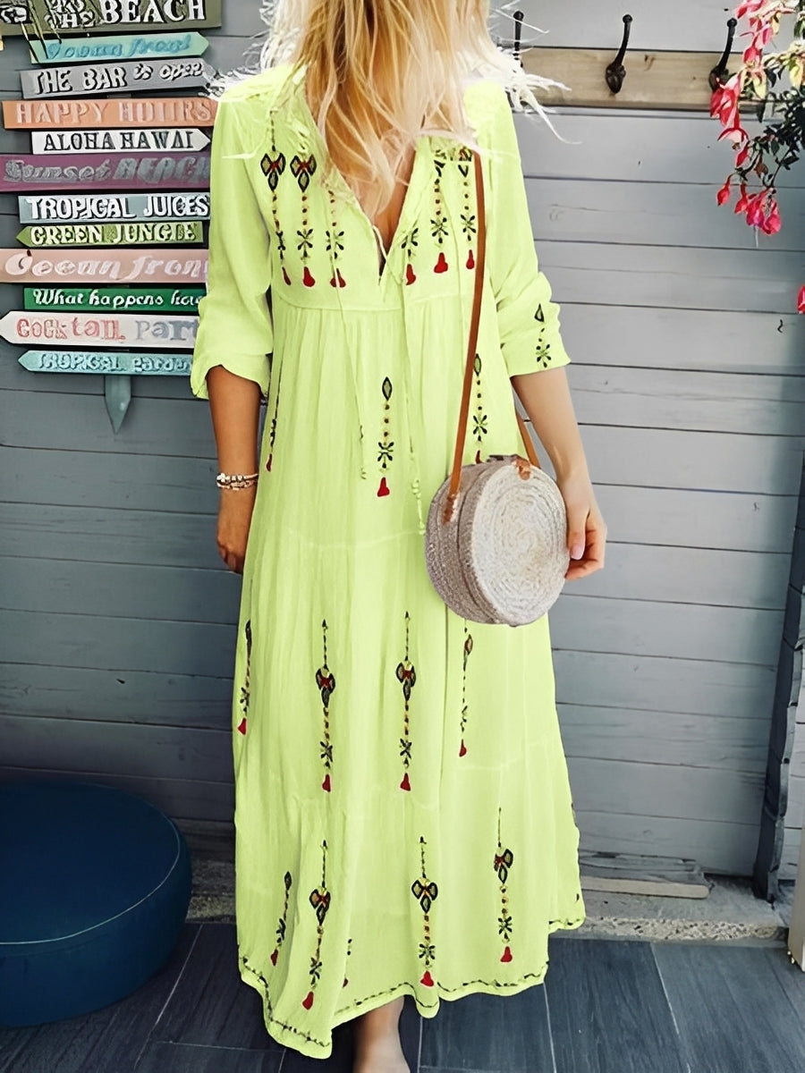 Damen Boho-Kleid mit V-Ausschnitt und Blumenmuster – Sommerkleid für Urlaub und warme Tage