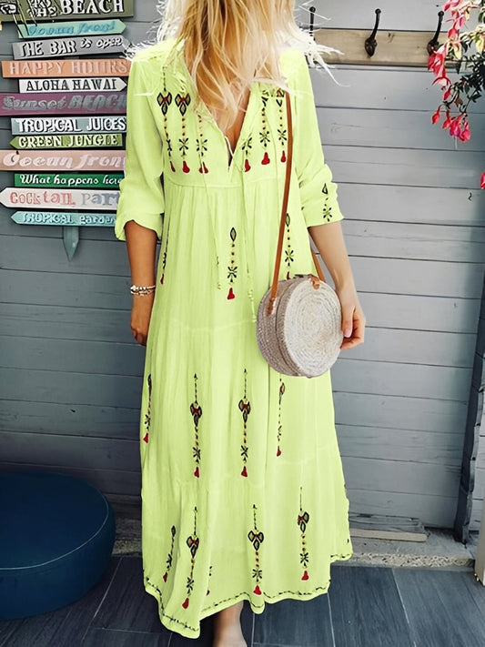 Damen Boho-Kleid mit V-Ausschnitt und Blumenmuster – Sommerkleid für Urlaub und warme Tage