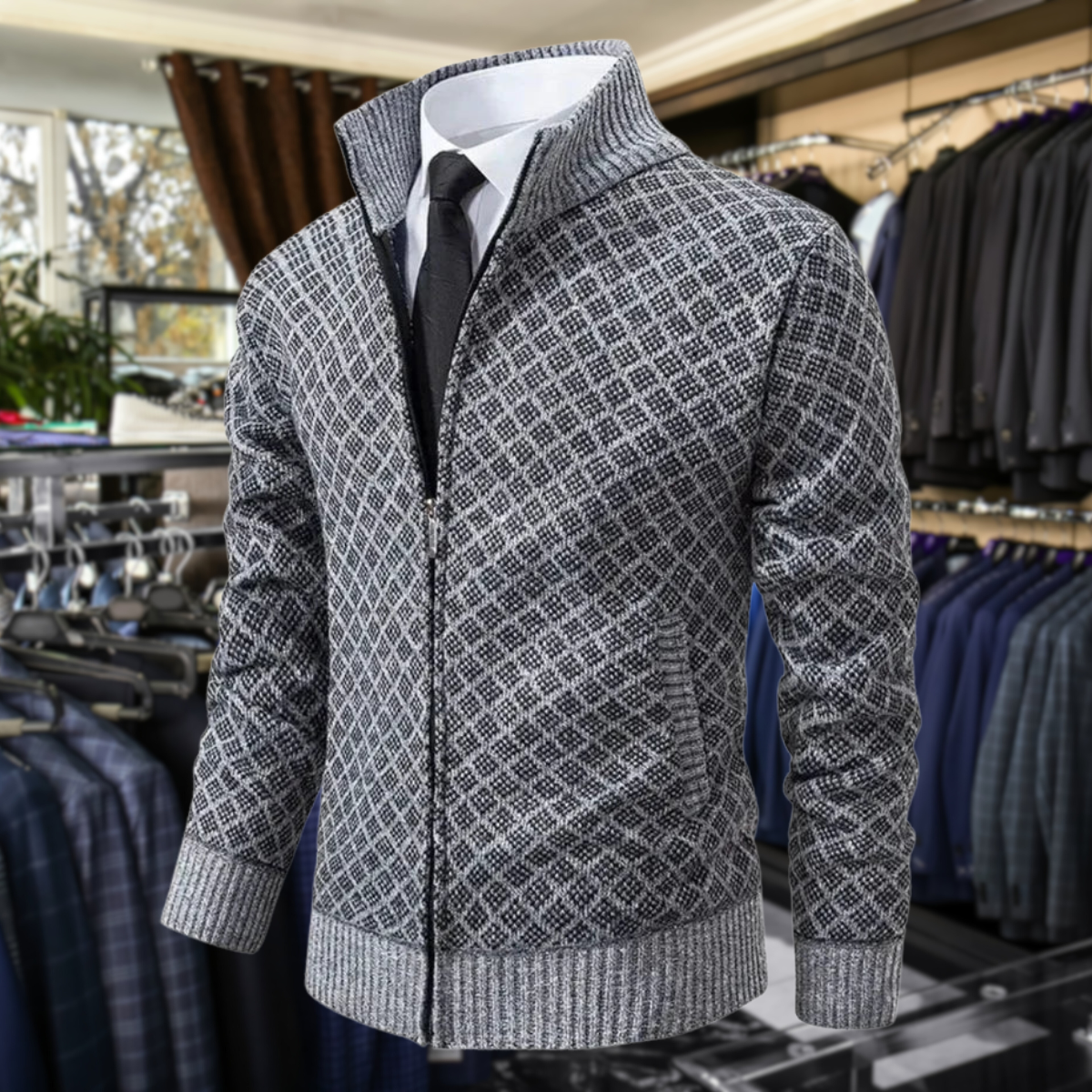 Herren-Kardigan mit Reißverschluss & elegantem Geometrie-Muster