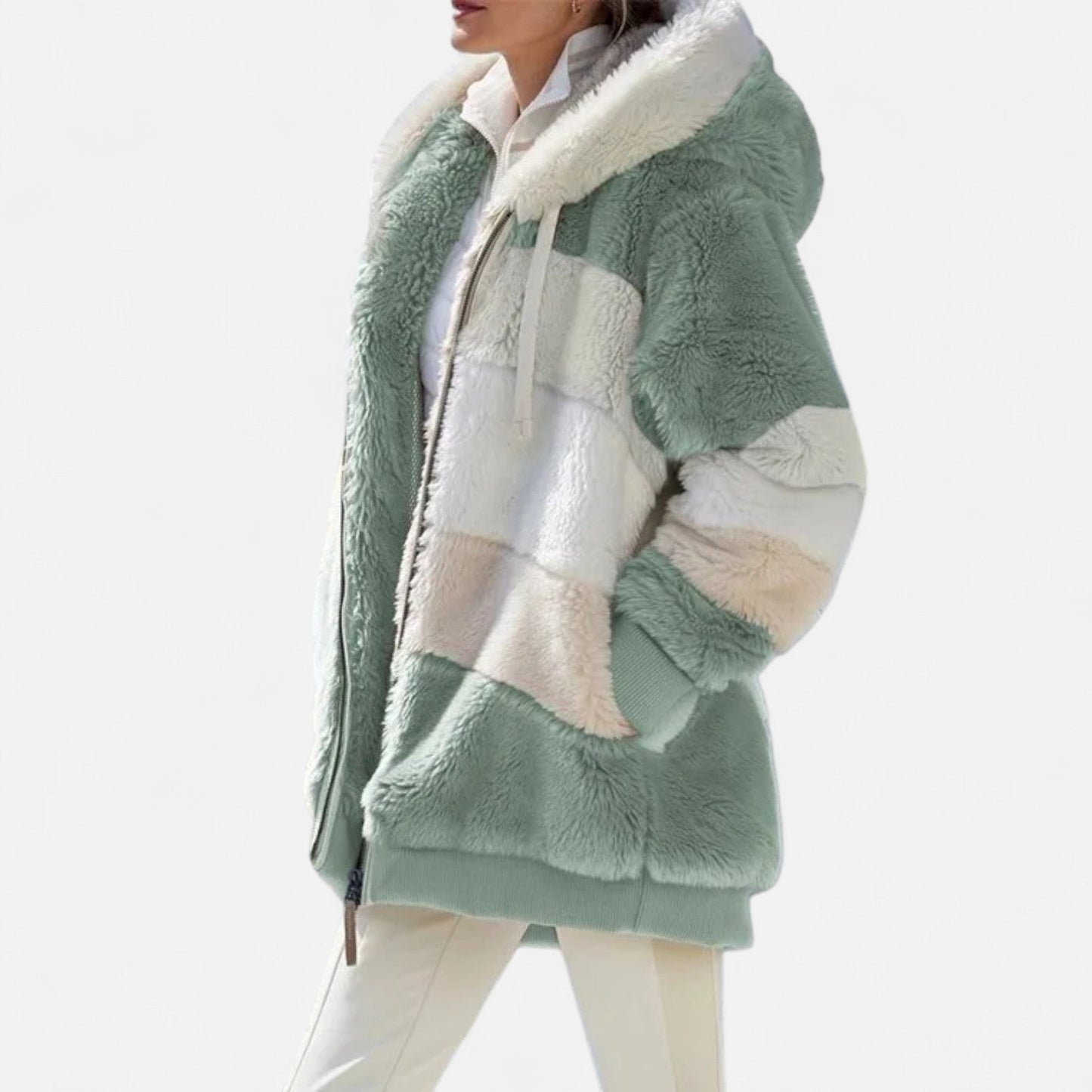 Erika | Damen Oversized Jacke mit Kapuze – Gestreifte Soft-Jacke mit Reißverschluss & Kordelzug für Herbst & Winter Eleganz
