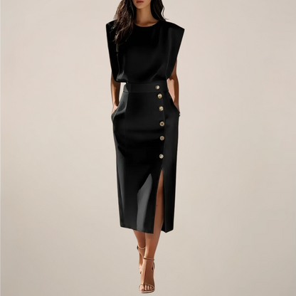 Ilse | Damen Ärmelloses Midi Kleid mit Knopfleiste & Seitenschlitz – Elegant, Zeitlos & Feminin für Alltag & Anlässe
