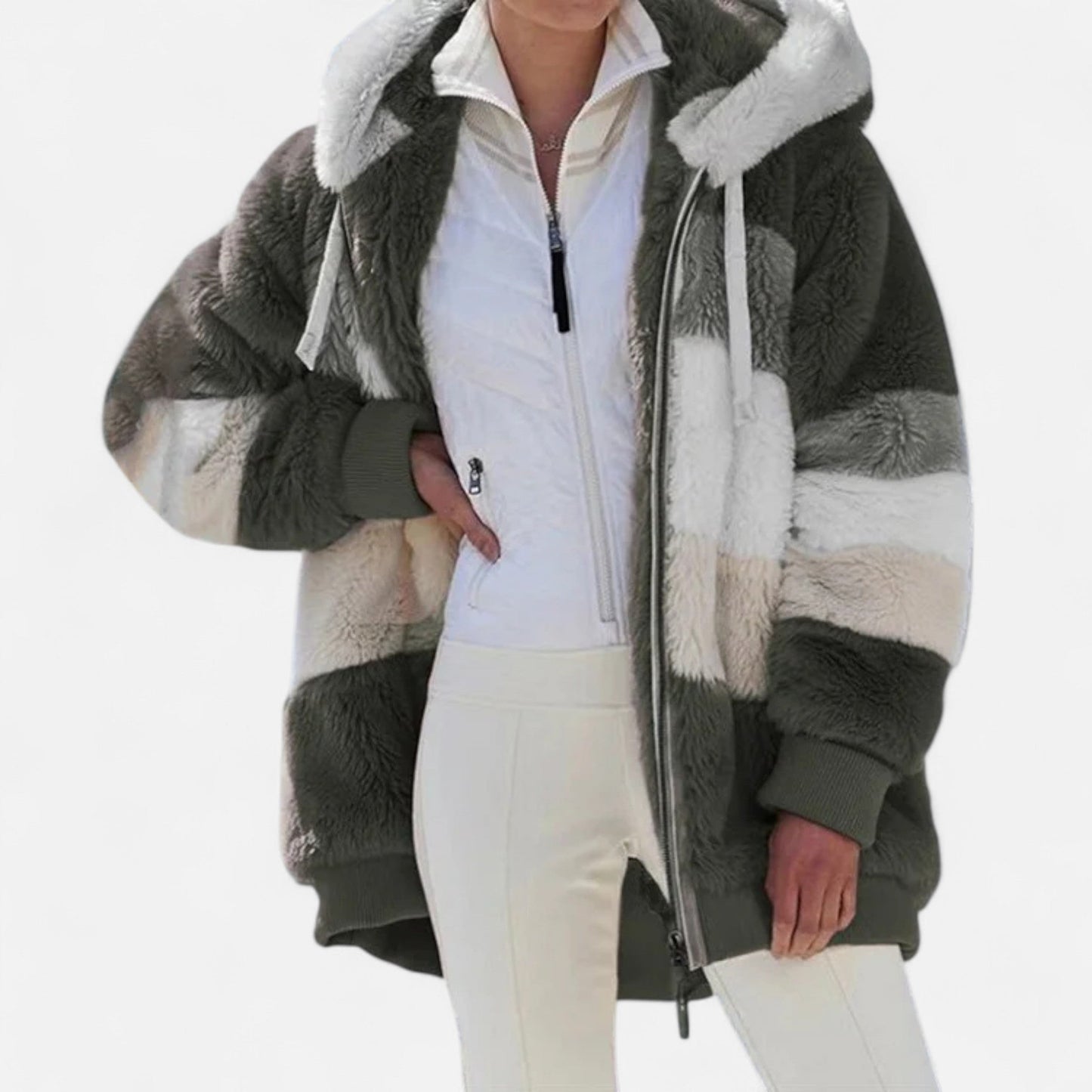 Erika | Damen Oversized Jacke mit Kapuze – Gestreifte Soft-Jacke mit Reißverschluss & Kordelzug für Herbst & Winter Eleganz