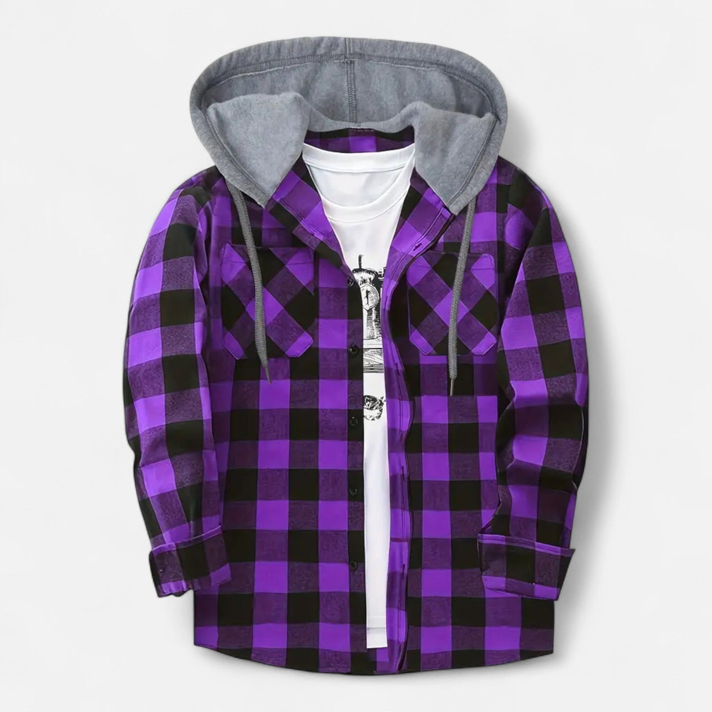 Sven | Herren Kariertes Button-Up Hoodie-Hemd – Weiche Übergangsjacke mit Kapuze & Kordelzug für Freizeit & Alltag