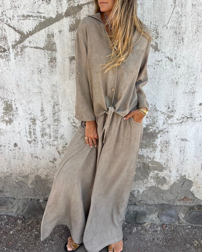 Iselgard | Elegantes Zweiteiler-Set für Damen mit Langarm-Bluse und Weitbein-Hose