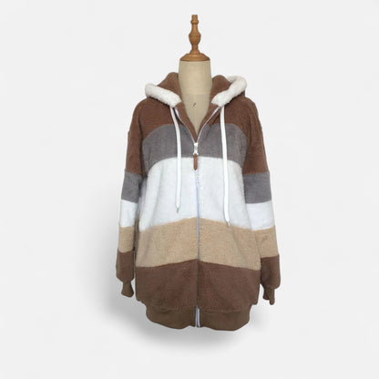 Erika | Damen Oversized Jacke mit Kapuze – Gestreifte Soft-Jacke mit Reißverschluss & Kordelzug für Herbst & Winter Eleganz