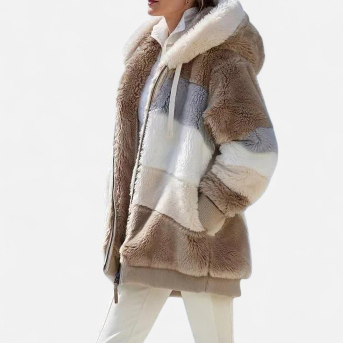 Erika | Damen Oversized Jacke mit Kapuze – Gestreifte Soft-Jacke mit Reißverschluss & Kordelzug für Herbst & Winter Eleganz