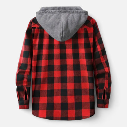 Sven | Herren Kariertes Button-Up Hoodie-Hemd – Weiche Übergangsjacke mit Kapuze & Kordelzug für Freizeit & Alltag