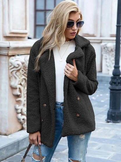 Halira | Damen Stylische Teddy Plüsch Luxus Fleece Mantel mit Taschen