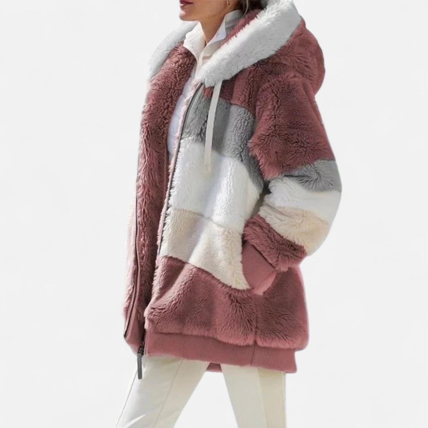 Erika | Damen Oversized Jacke mit Kapuze – Gestreifte Soft-Jacke mit Reißverschluss & Kordelzug für Herbst & Winter Eleganz