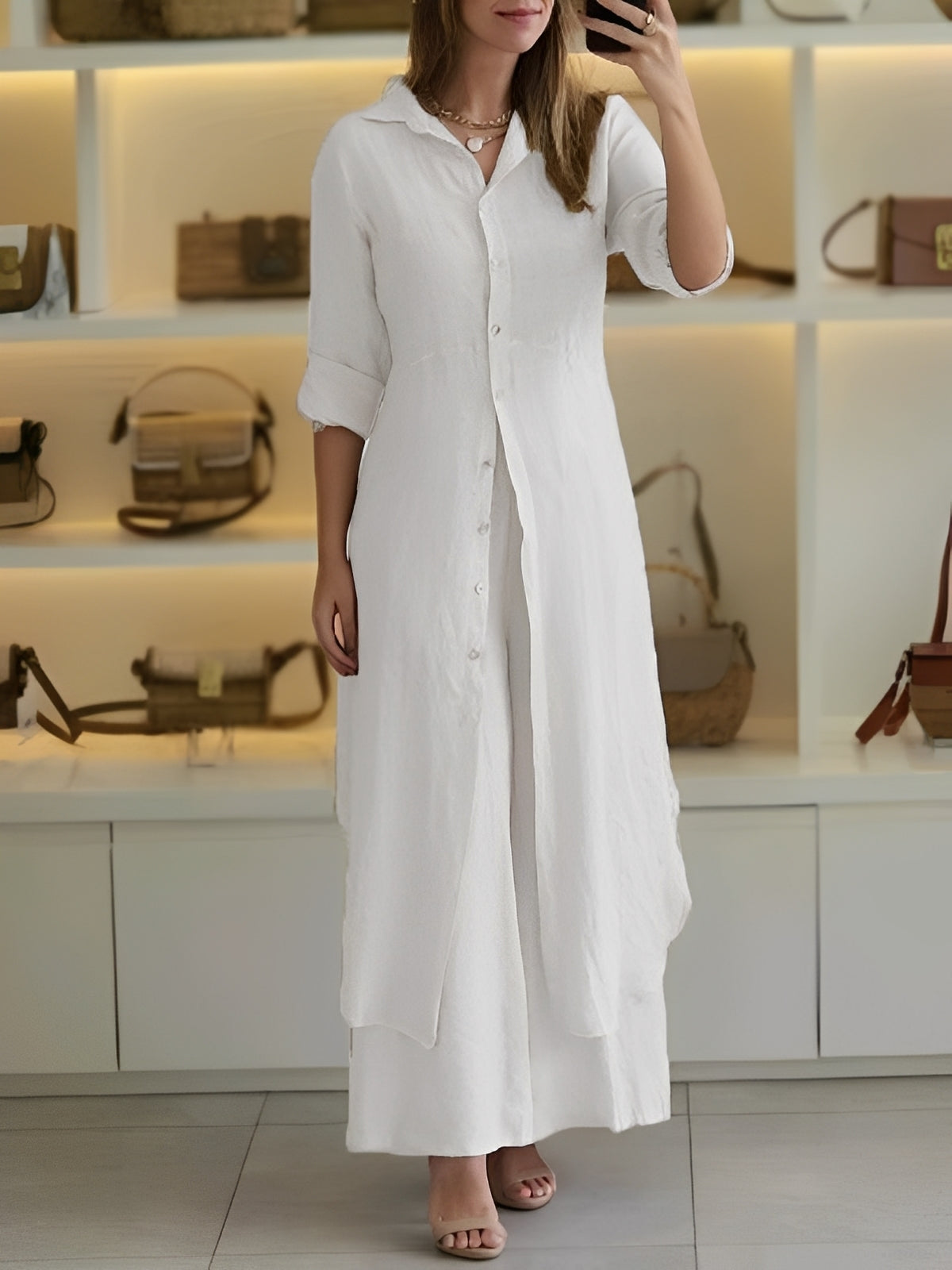 Damen Zweiteiliges Set mit langem Hemd und Hose – Leichtes Outfit für Alltag und warme Tage
