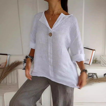 Damen Bluse mit V-Ausschnitt und 3/4 Ärmeln – Lockere Sommerbluse für Alltag und stilvolle Freizeitlooks