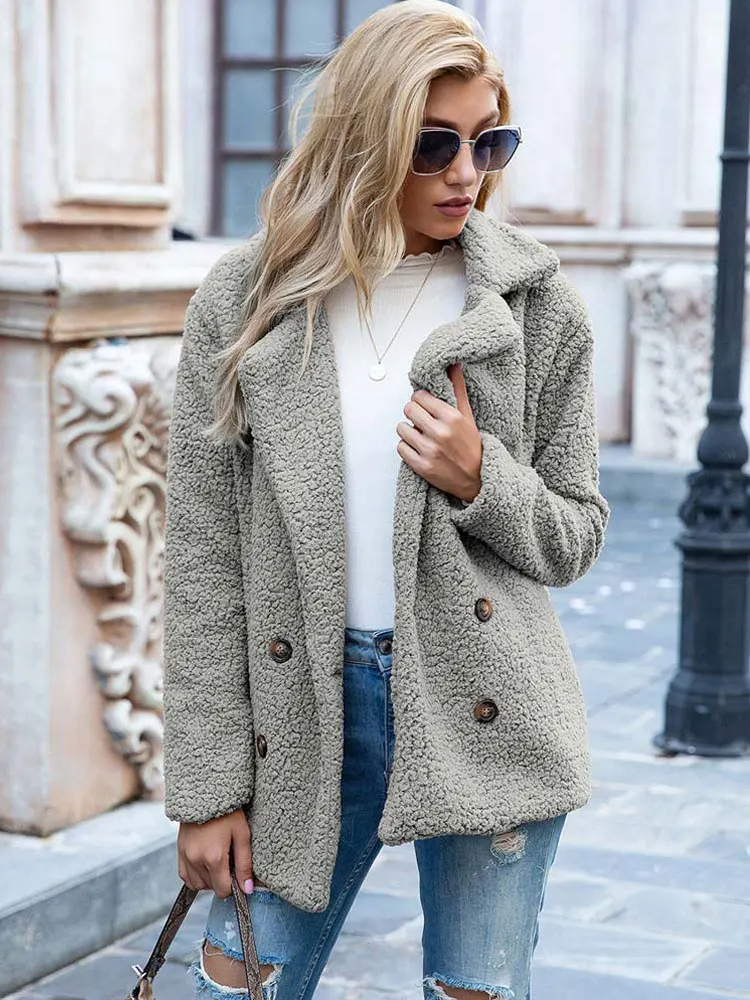 Halira | Damen Stylische Teddy Plüsch Luxus Fleece Mantel mit Taschen