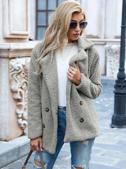 Halira | Damen Stylische Teddy Plüsch Luxus Fleece Mantel mit Taschen