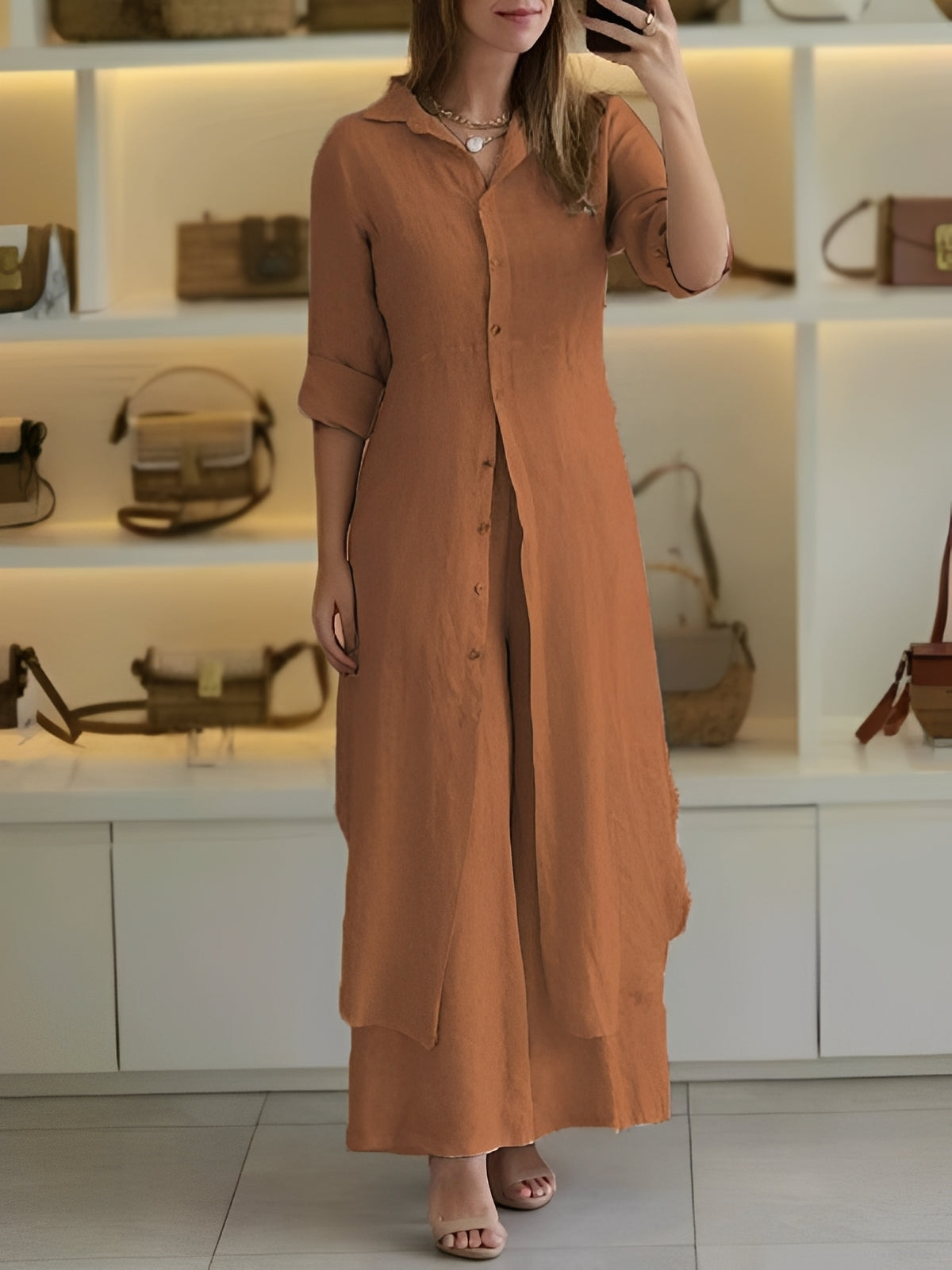 Damen Zweiteiliges Set mit langem Hemd und Hose – Leichtes Outfit für Alltag und warme Tage
