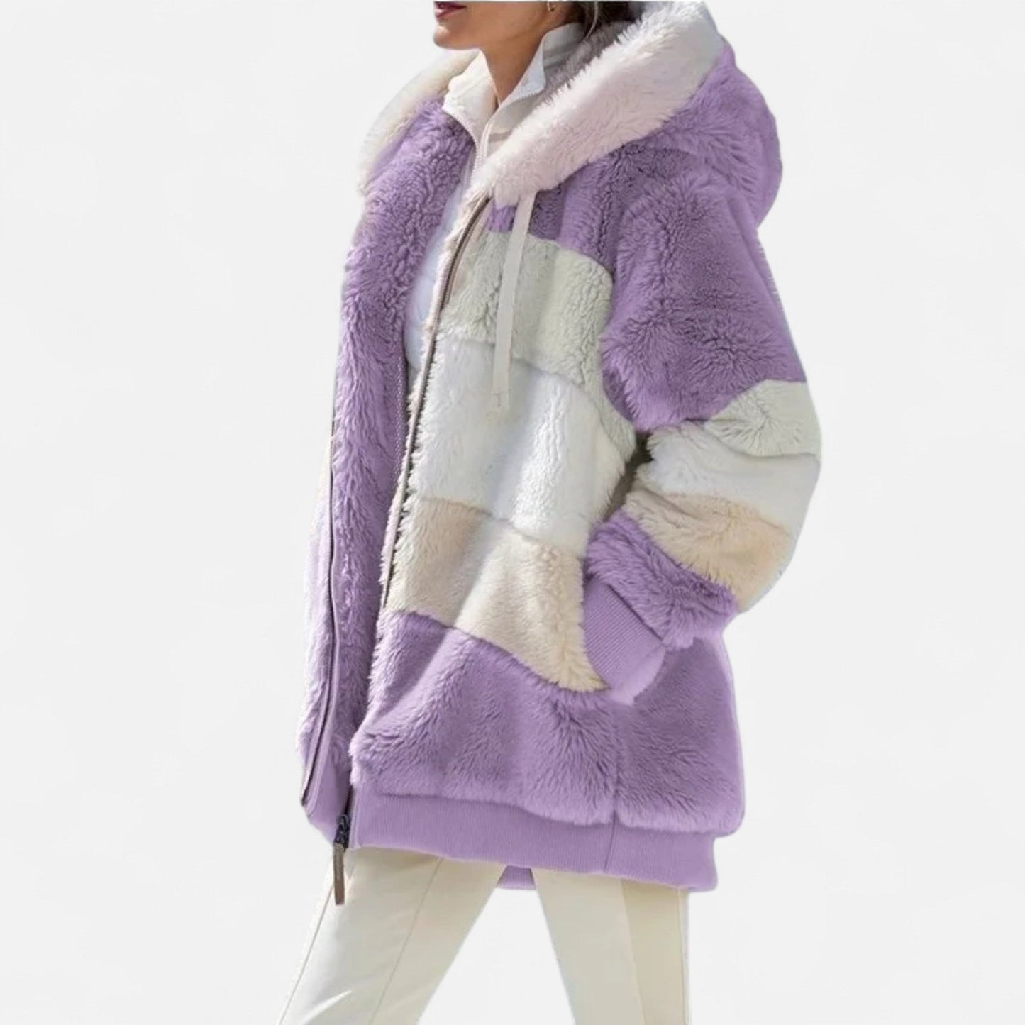Erika | Damen Oversized Jacke mit Kapuze – Gestreifte Soft-Jacke mit Reißverschluss & Kordelzug für Herbst & Winter Eleganz