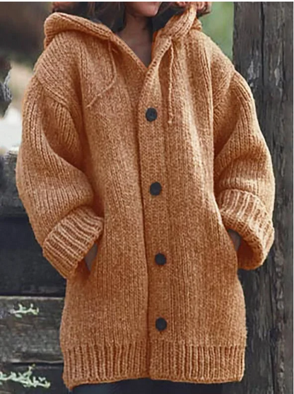 Lange Strickjacke mit Kapuze – Damen Cardigan oversized, warm & stylisch