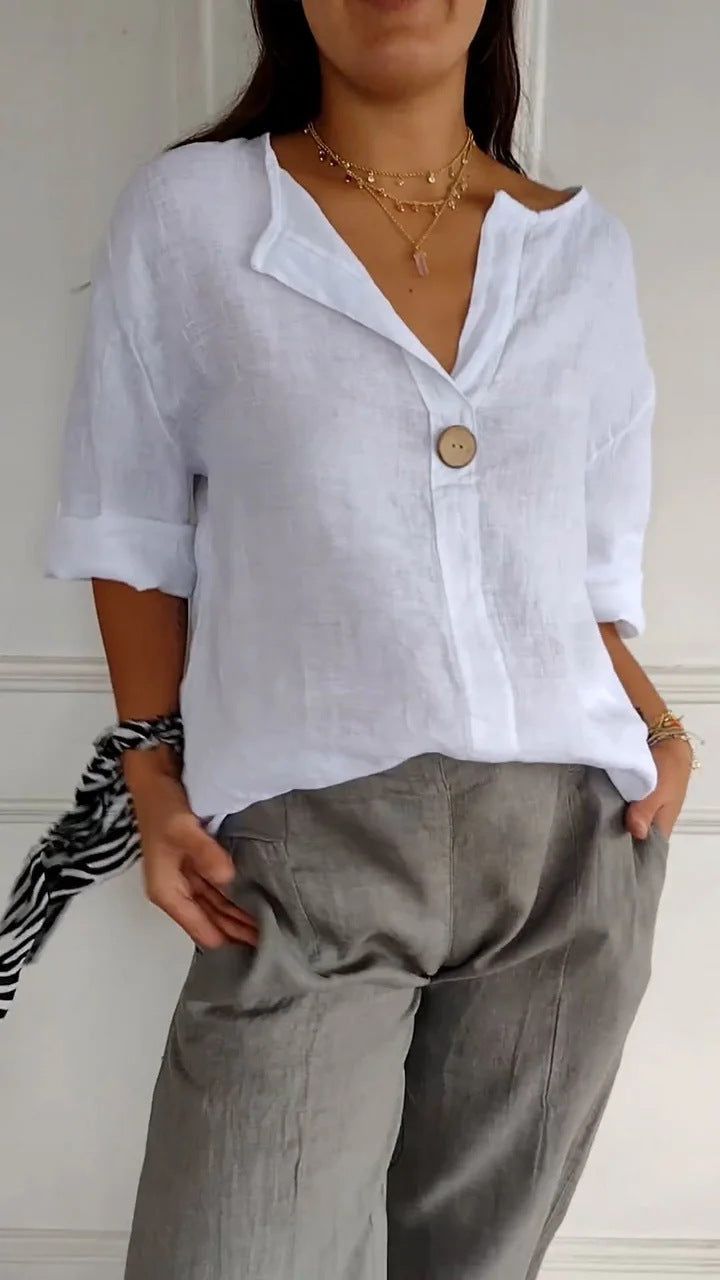 Damen Bluse mit V-Ausschnitt und 3/4 Ärmeln – Lockere Sommerbluse für Alltag und stilvolle Freizeitlooks