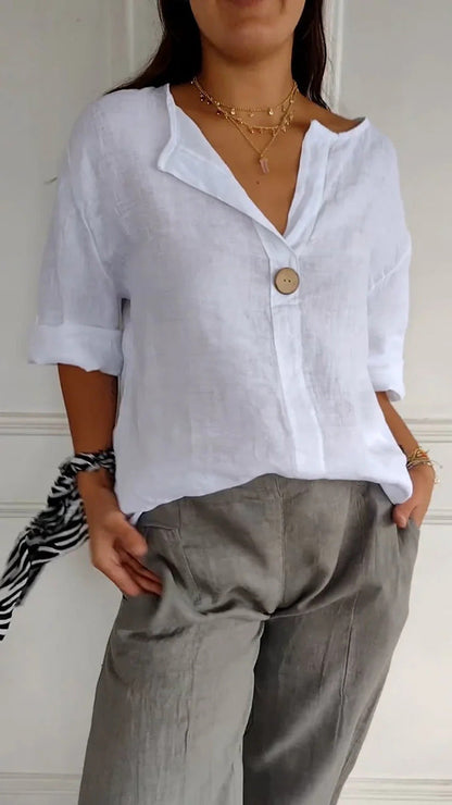 Damen Bluse mit V-Ausschnitt und 3/4 Ärmeln – Lockere Sommerbluse für Alltag und stilvolle Freizeitlooks