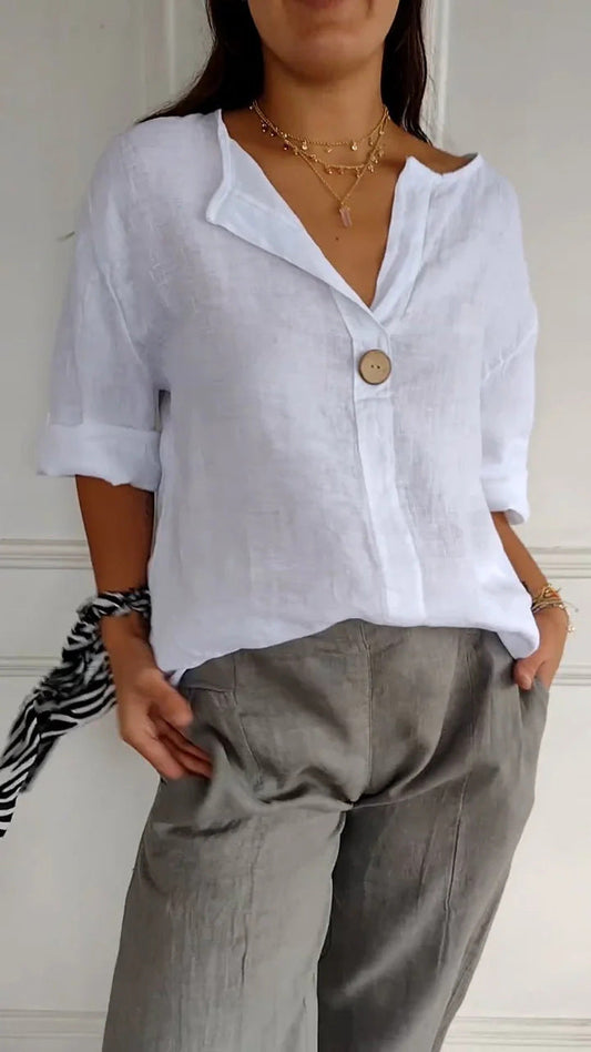 Damen Bluse mit V-Ausschnitt und 3/4 Ärmeln – Lockere Sommerbluse für Alltag und stilvolle Freizeitlooks