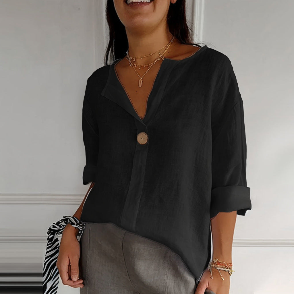 Damen Bluse mit V-Ausschnitt und 3/4 Ärmeln – Lockere Sommerbluse für Alltag und stilvolle Freizeitlooks