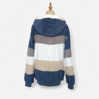 Erika | Damen Oversized Jacke mit Kapuze – Gestreifte Soft-Jacke mit Reißverschluss & Kordelzug für Herbst & Winter Eleganz