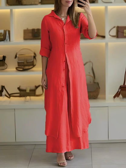 Damen Zweiteiliges Set mit langem Hemd und Hose – Leichtes Outfit für Alltag und warme Tage