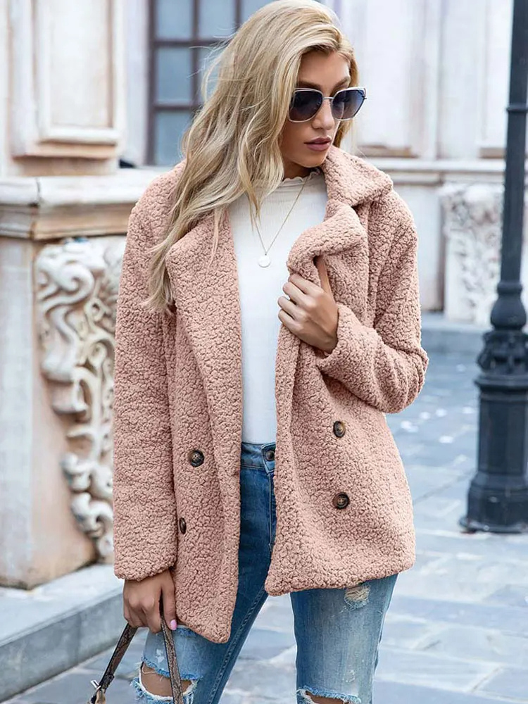 Halira | Damen Stylische Teddy Plüsch Luxus Fleece Mantel mit Taschen