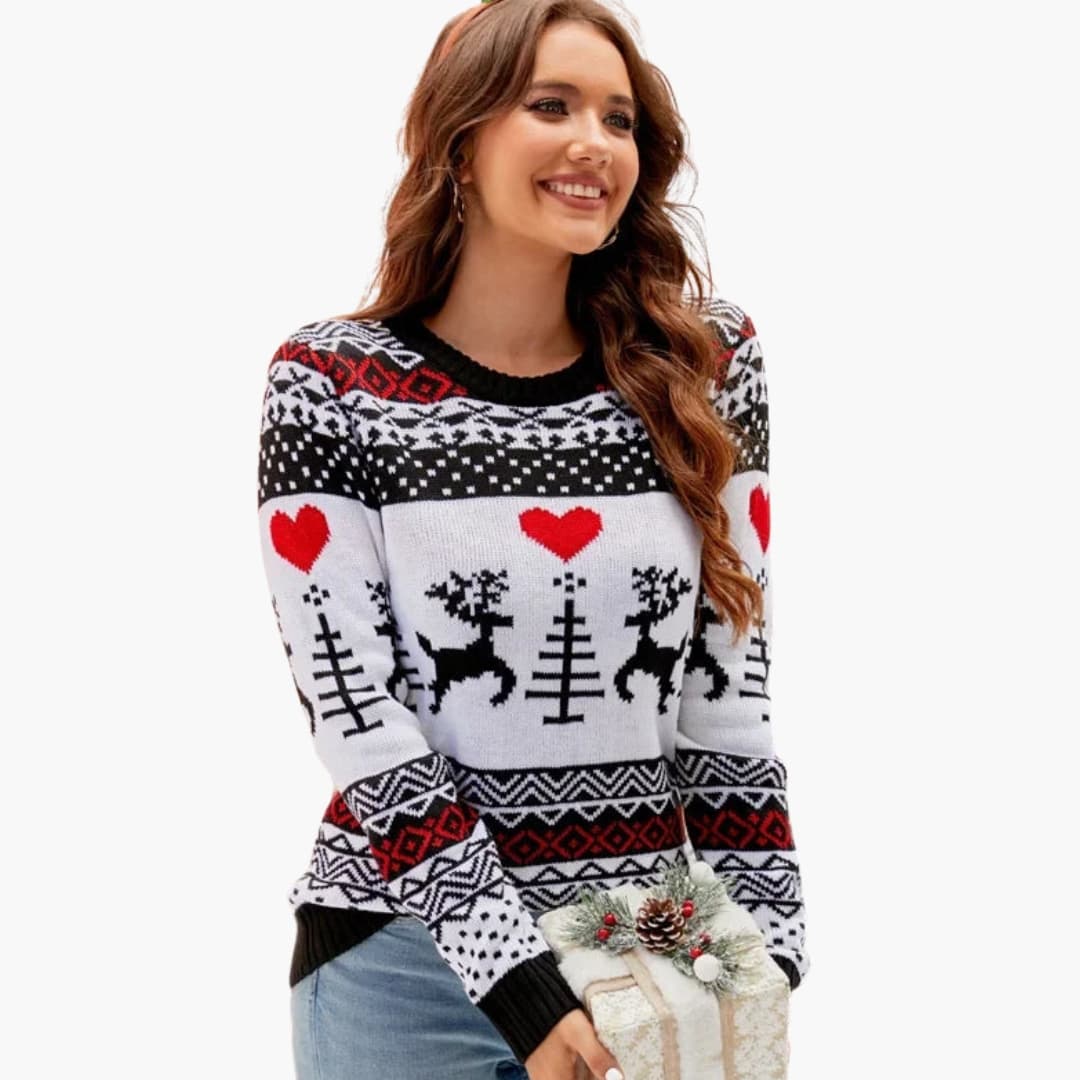 Damen Strickpullover | Gefütterter Winterpullover mit Rentiermotiv für gemütliche Feiertage