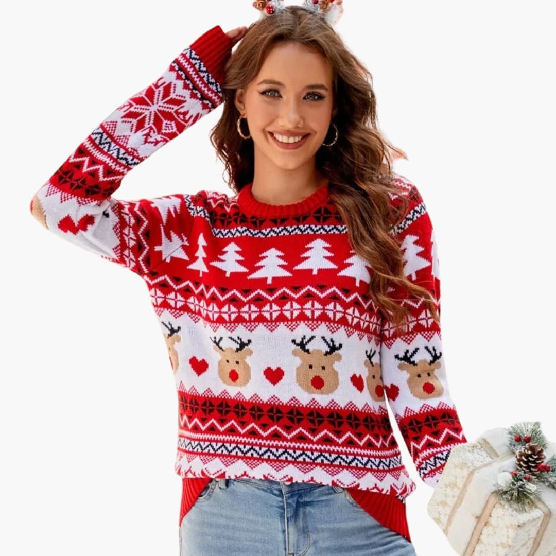 Damen Strickpullover | Gefütterter Winterpullover mit Rentiermotiv für gemütliche Feiertage