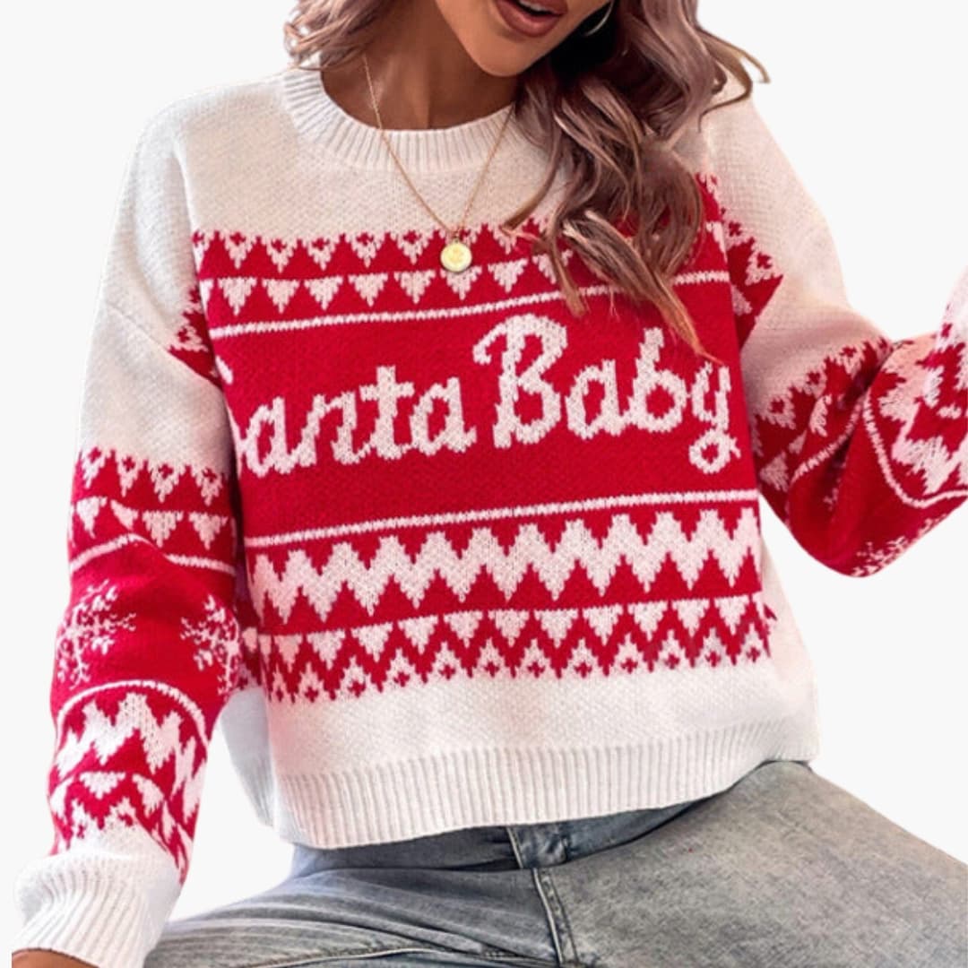 Damen Weihnachtspullover | Festlicher Rundhalspullover mit Schriftmotiv für Winter & Feiertage