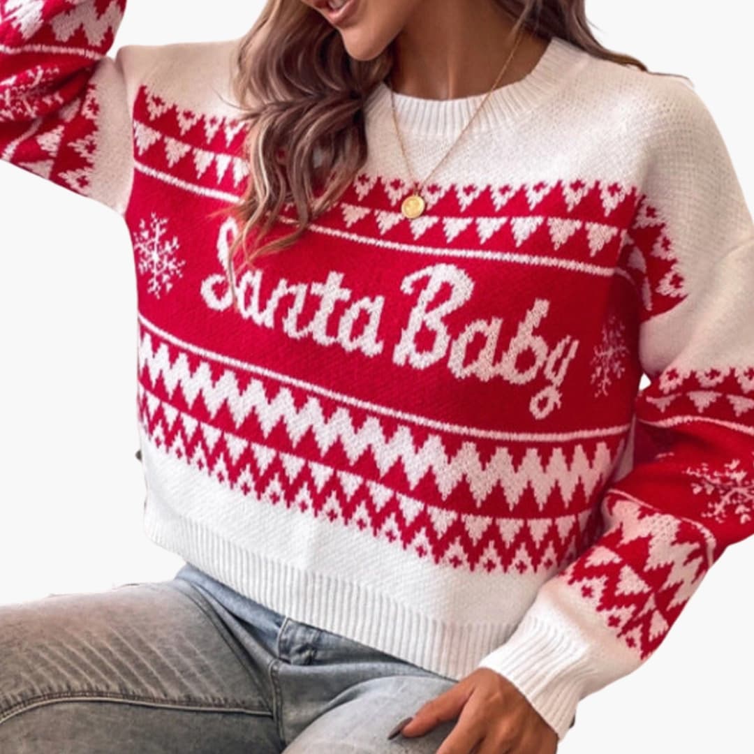 Damen Weihnachtspullover | Festlicher Rundhalspullover mit Schriftmotiv für Winter & Feiertage