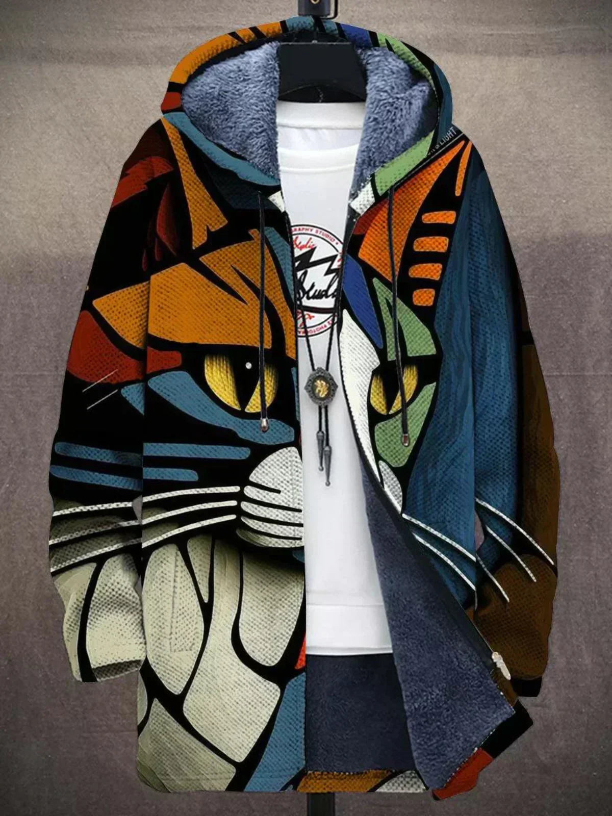 Herren Fleecejacke mit Boho Muster | Gefütterte Winterjacke mit Kapuze