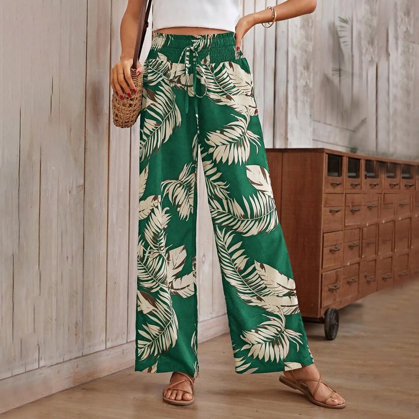 Bestie | Tropische Weite Hose mit Bindegürtel für Damen