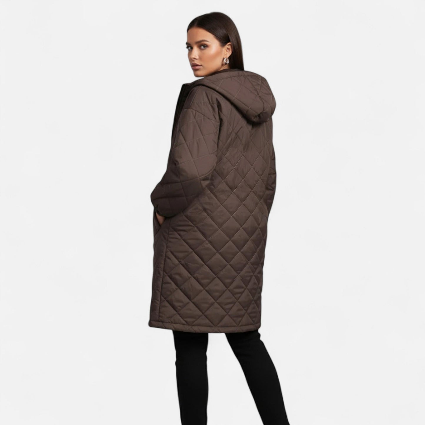 Erna | Damen Steppjacke mit Kapuze – Langer Mantel mit Reißverschluss für Herbst & Winter Eleganz