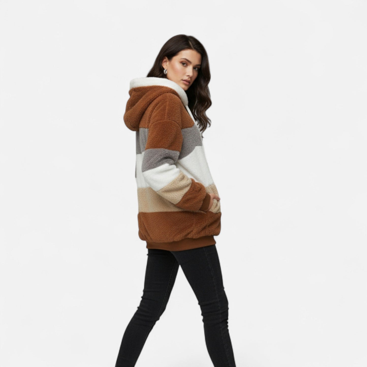 Erika | Damen Oversized Jacke mit Kapuze – Gestreifte Soft-Jacke mit Reißverschluss & Kordelzug für Herbst & Winter Eleganz