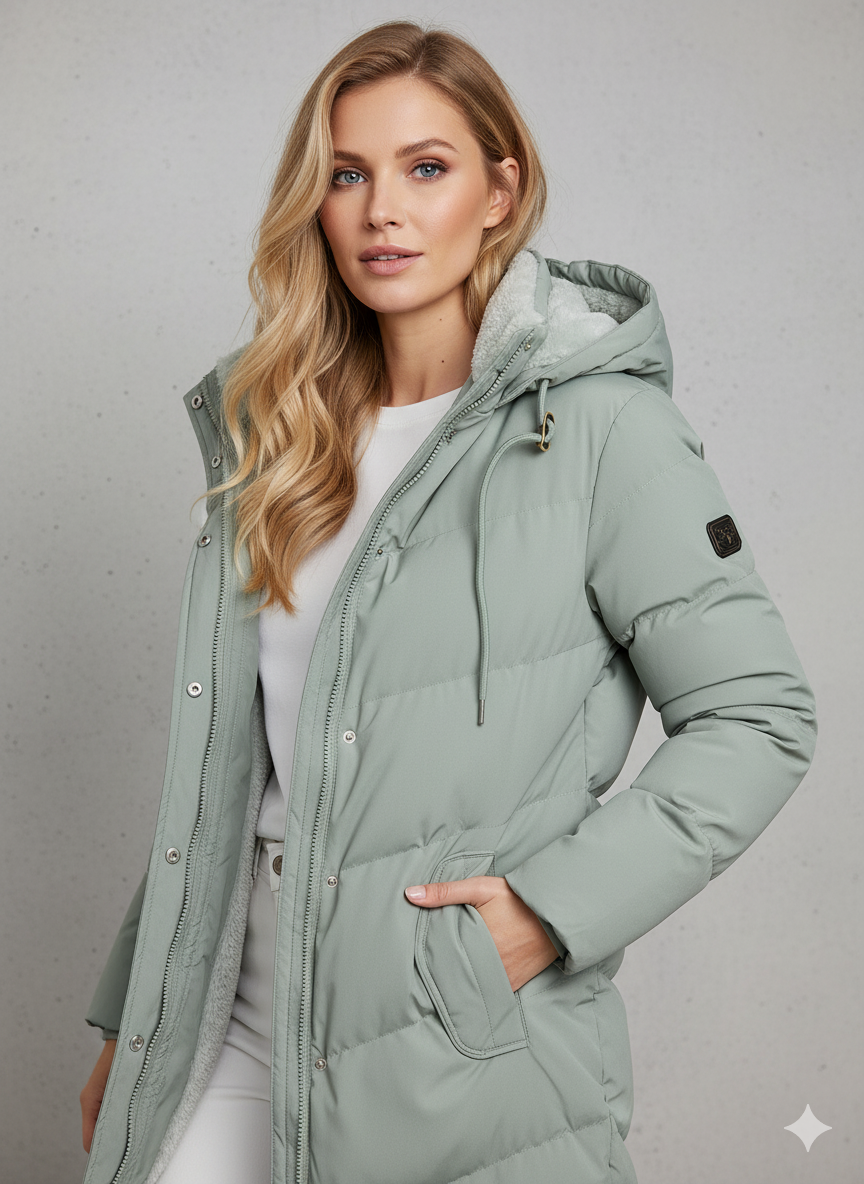 Hertha | Damen Wintermantel mit Kapuze & Reißverschluss – Gefütterter Steppmantel mit Fleece-Innenfutter, Elegant & Warm für Alltag & Outdoor