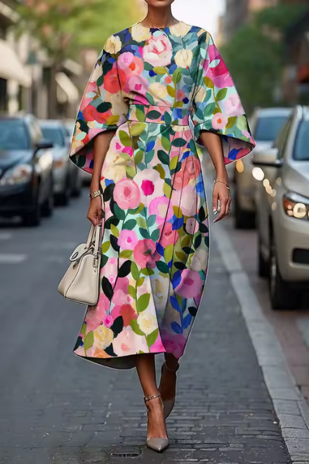 Damen Midikleid mit Kimono-Ärmeln | Fließendes Sommerkleid mit Wickeloptik