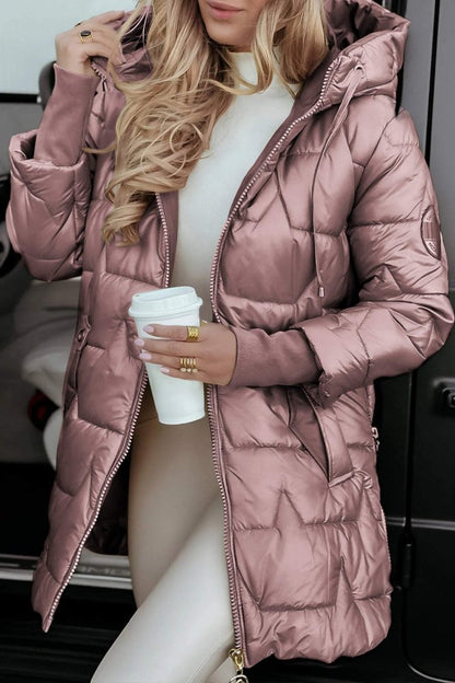 Lange Steppjacke mit Kapuze | warme Daunen-Optik für Damen, winddicht & leicht isoliert