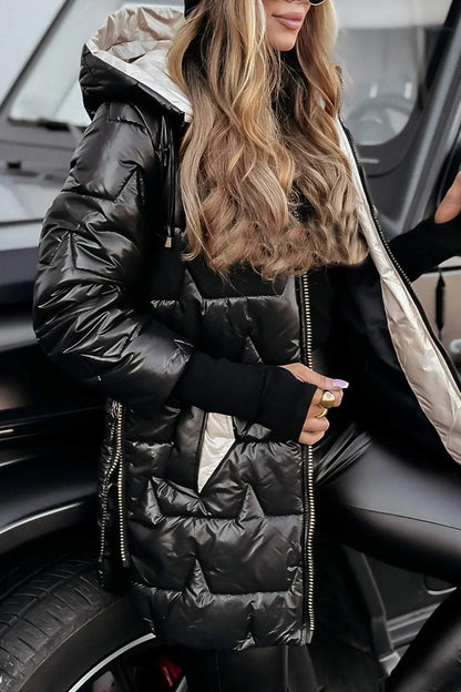 Lange Steppjacke mit Kapuze | warme Daunen-Optik für Damen, winddicht & leicht isoliert