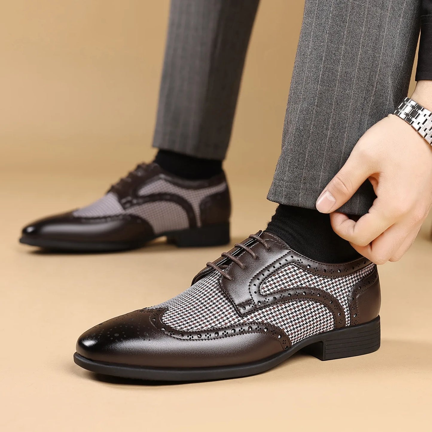 Scott – Herren Oxford Schnürschuhe mit Hahnentrittmuster | Klassische Brogues im eleganten Design
