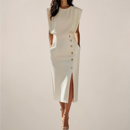 Ilse | Damen Ärmelloses Midi Kleid mit Knopfleiste & Seitenschlitz – Elegant, Zeitlos & Feminin für Alltag & Anlässe