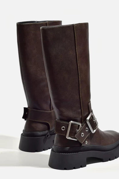 Damen Hohe Flache Stiefel | Urbaner Retro-Look mit stabiler Sohle