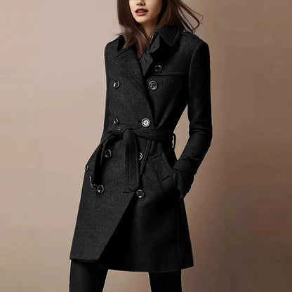 Elvira | Damen Mantel Slim Fit mit Gürtel, Wollstruktur und Doppelreihe Knöpfe – Mittellang