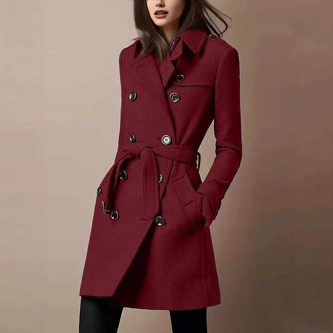 Elvira | Damen Mantel Slim Fit mit Gürtel, Wollstruktur und Doppelreihe Knöpfe – Mittellang