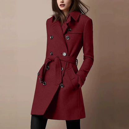Elvira | Damen Mantel Slim Fit mit Gürtel, Wollstruktur und Doppelreihe Knöpfe – Mittellang